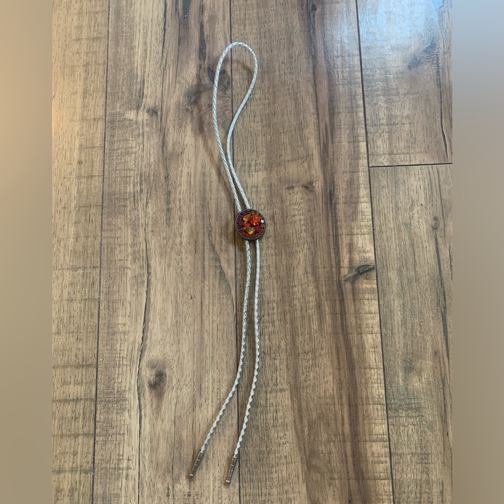 Vintage Rhinestone Bolo Tie Multicolor Stones Silver-Tone Metal Accents